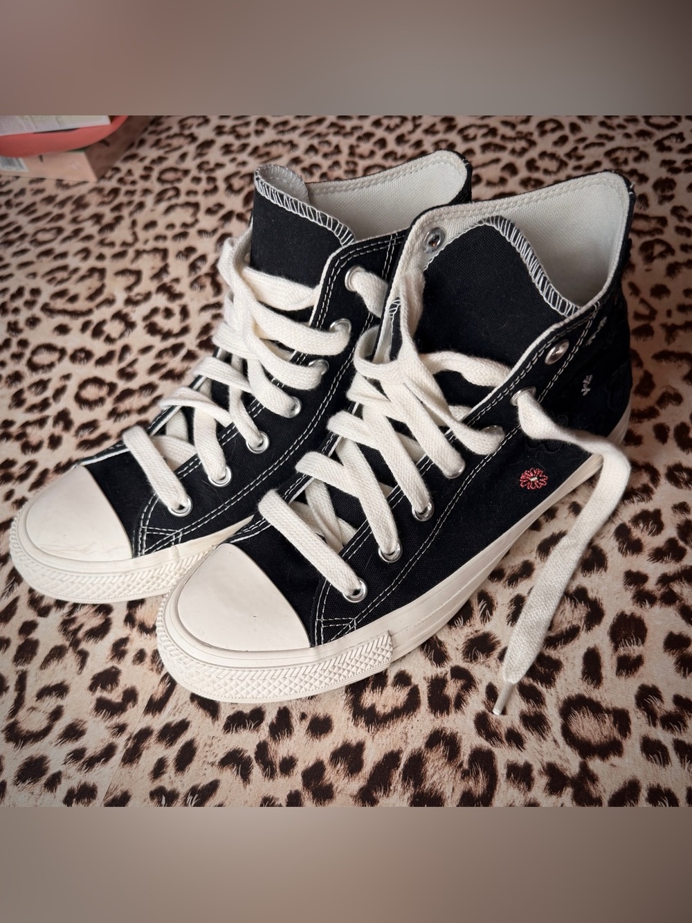 Black Converse High-Top Sneakers with Embroidered 3D Flowers